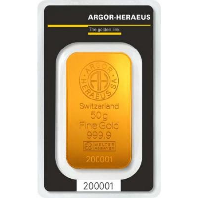 Zlatý slitek Argor Heraeus, 50 g